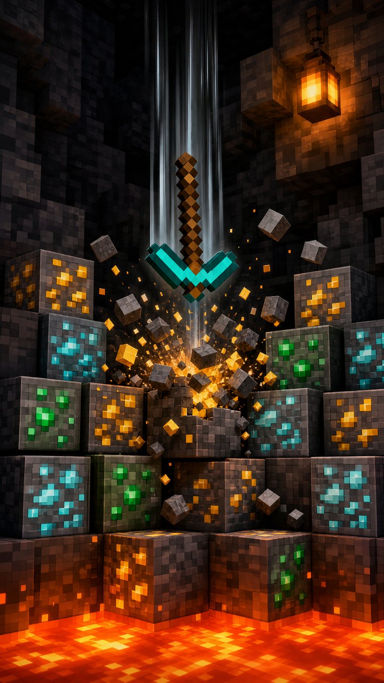 Геймплей Falling Pickaxe на телефоне: кирка падает и разрушает блоки золота и алмаза